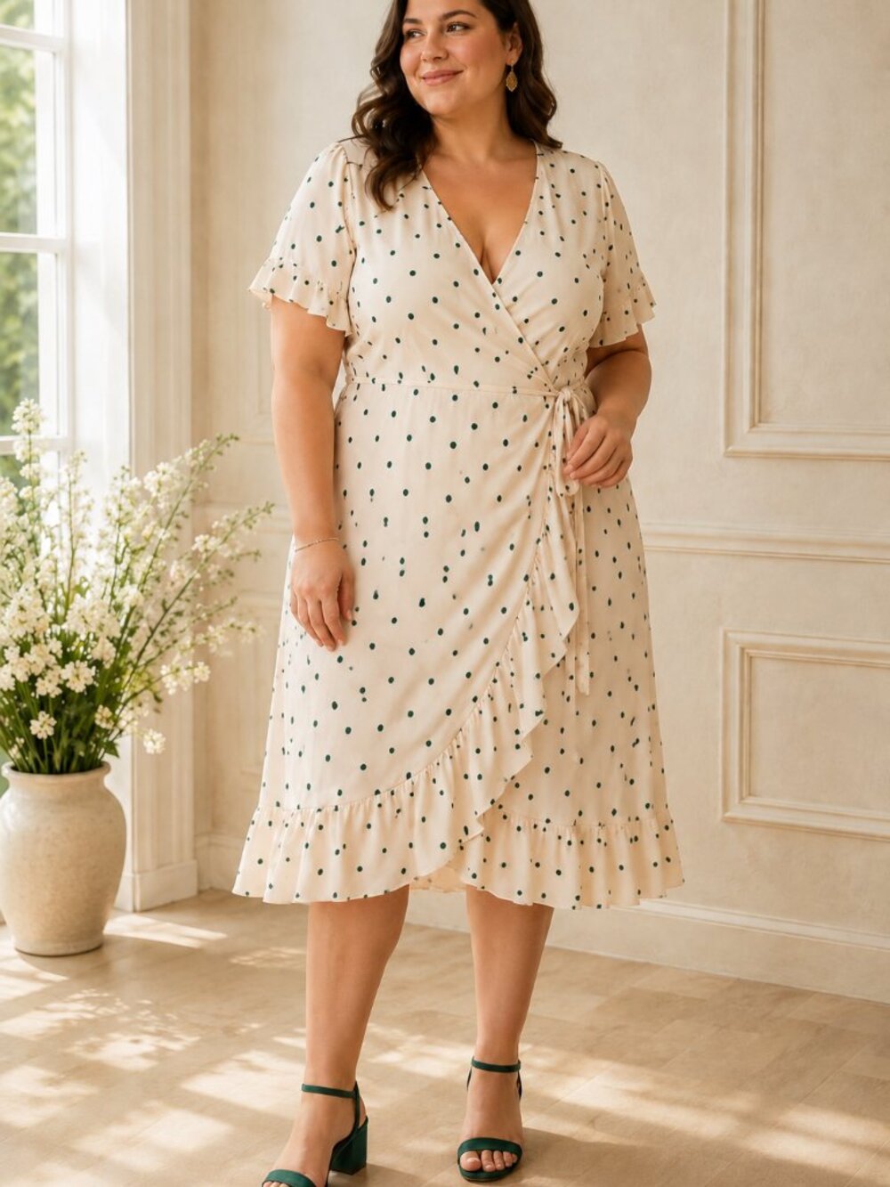 LC Lauren Conrad Cream Midi Wrap Dress with Green Polka Dots
